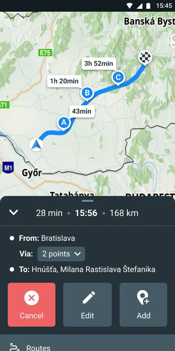 Road Lords navigation screen: a planned route from Bratislava with two intermediate waypoints and leg times, over a map, with a bottom sheet showing distance, arrival time and the route stops.